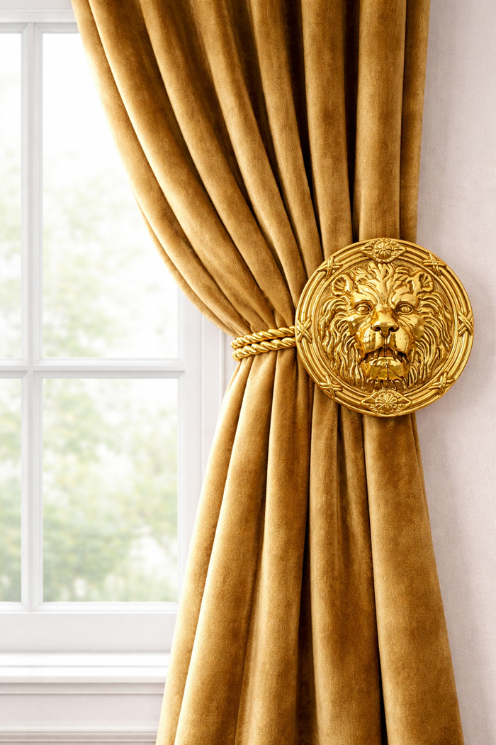 3 1/2 Inch Solid Brass Ribbon & Reed Lion Curtain Tie Back (Several Finishes Available)