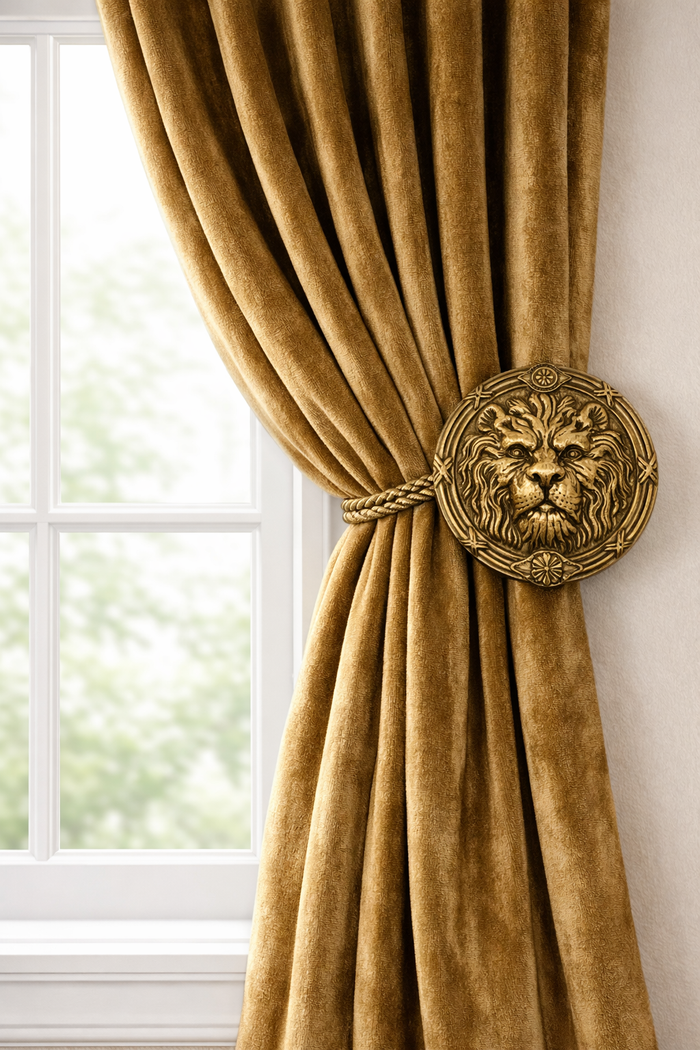 3 1/2 Inch Solid Brass Ribbon & Reed Lion Curtain Tie Back (Several Finishes Available)