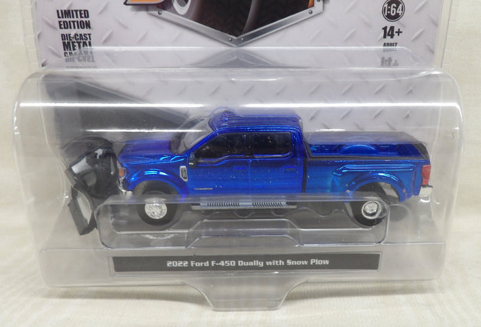 #46170-FC 1/64 2022 Ford F-450 Dually Pickup with Snow Plow - Metallic Blue Chrome Chase Version