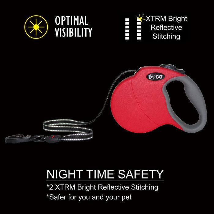 DOCO retractable dog leash with dual-sided reflective protection for nighttime visibility