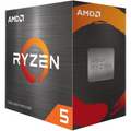 A box of an AMD Ryzen 5 5000 Series processor. The box is primarily black with orange and red accents, featuring the AMD logo and a grey brushed metal texture.