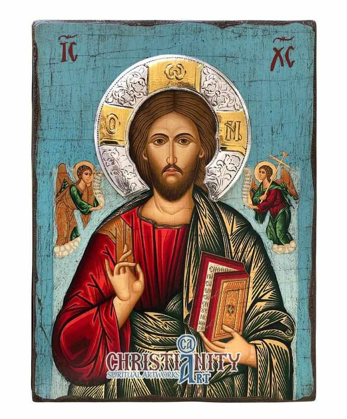 Christ Pantocrator (Aged - Silver Halo Icon - SWS Series)-Christianity Art
