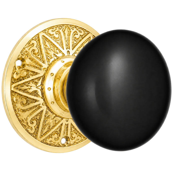 Eastlake Rosette Door Set with Black Porcelain Door Knobs (Several Finishes Available)