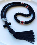 Mount Athos Waxed Prayer Rope with 100 Knots, Metal Cross & Tassel – Available in Black with Red, Blue, Brown Beads
