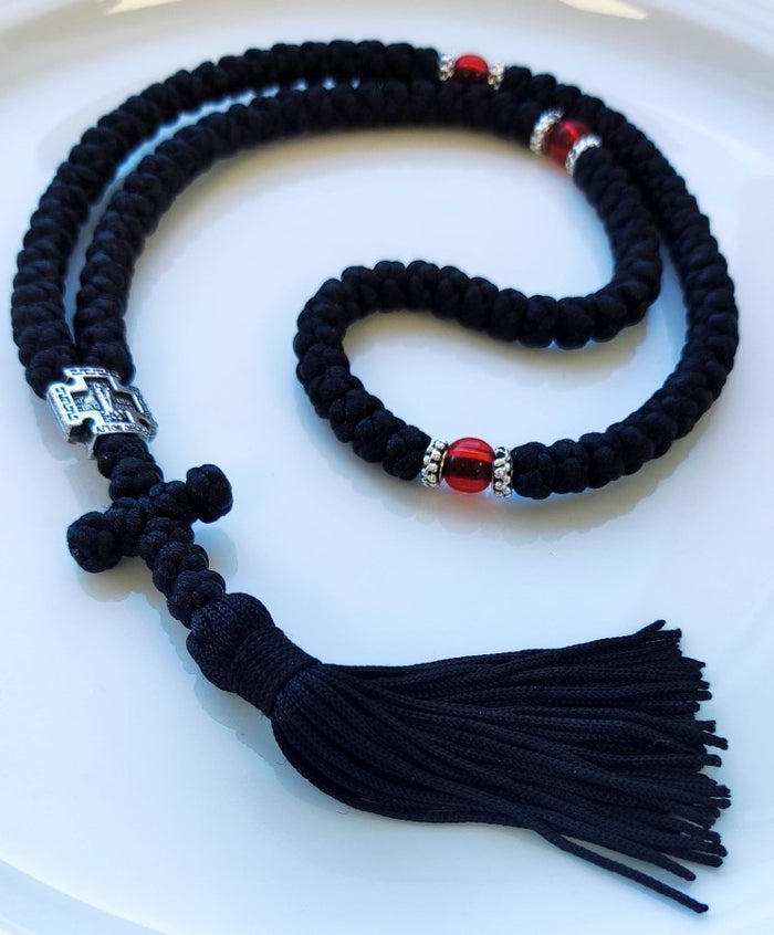 Mount Athos Waxed Prayer Rope with 100 Knots, Metal Cross & Tassel – Available in Black with Red, Blue, Brown Beads