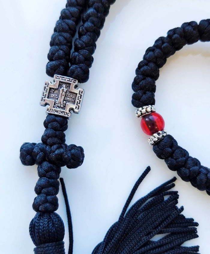 Mount Athos Waxed Prayer Rope with 100 Knots, Metal Cross & Tassel – Available in Black with Red, Blue, Brown Beads
