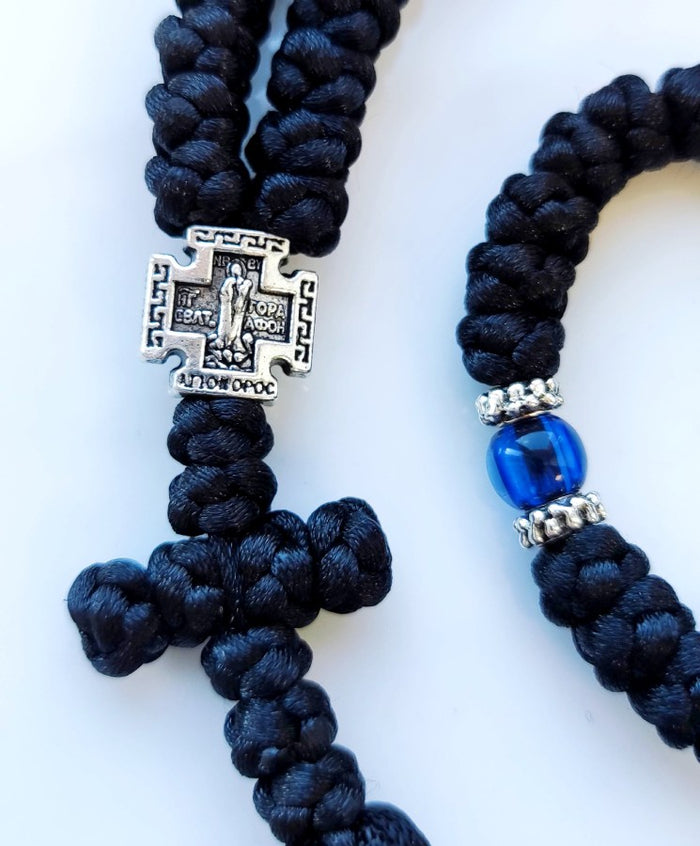 Mount Athos Waxed Prayer Rope with 100 Knots, Metal Cross & Tassel – Available in Black with Red, Blue, Brown Beads