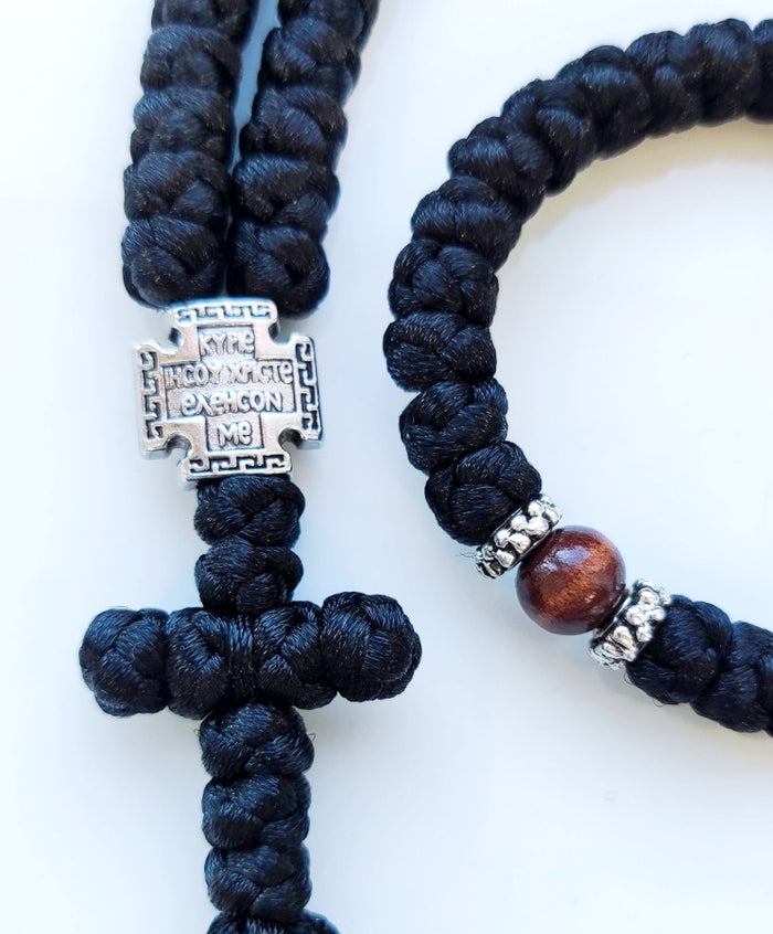 Mount Athos Waxed Prayer Rope with 100 Knots, Metal Cross & Tassel – Available in Black with Red, Blue, Brown Beads