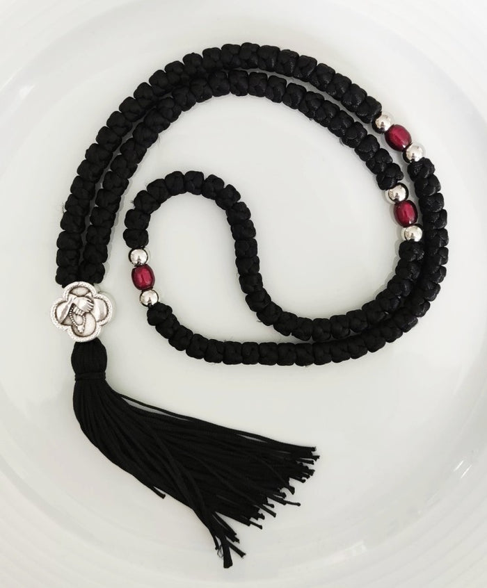 Mount Athos Waxed Prayer Rope with 100 Knots, Metal Cross & Tassel – Available in multiple color beads