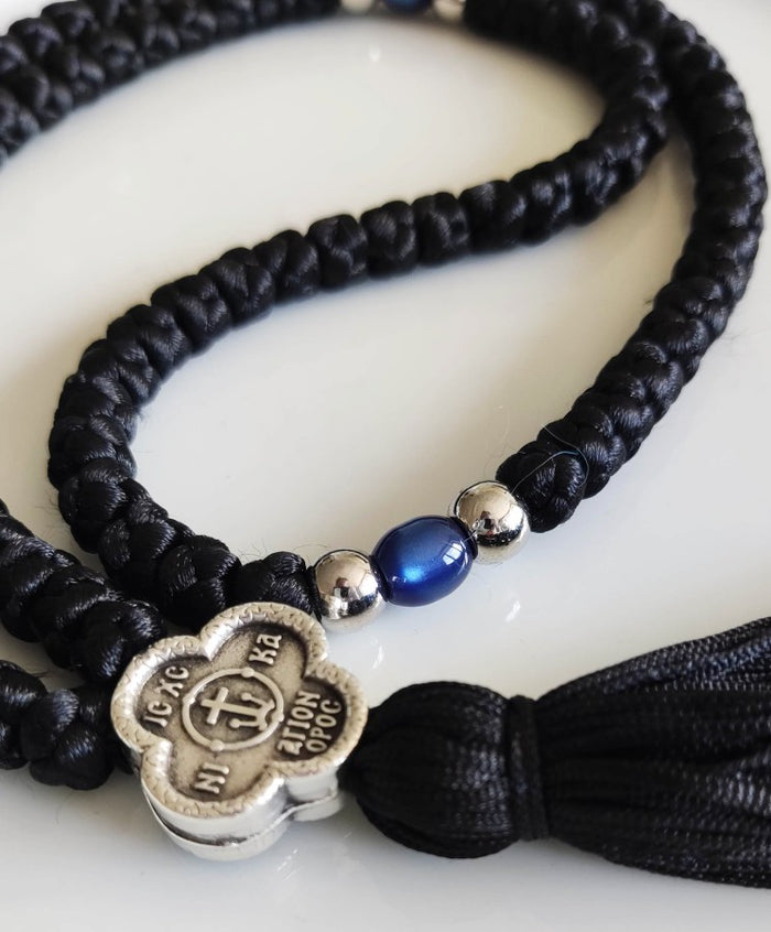 Mount Athos Waxed Prayer Rope with 100 Knots, Metal Cross & Tassel – Available in multiple color beads