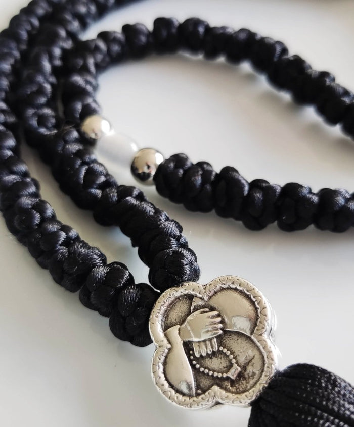 Mount Athos Waxed Prayer Rope with 100 Knots, Metal Cross & Tassel – Available in multiple color beads