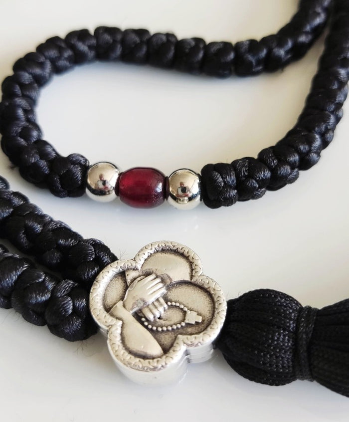 Mount Athos Waxed Prayer Rope with 100 Knots, Metal Cross & Tassel – Available in multiple color beads