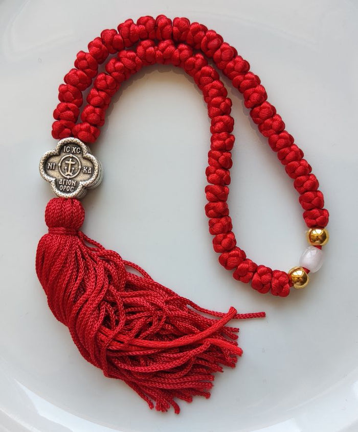 Mount Athos Waxed Prayer Rope with 50 Knots, Double-Sided Metal Cross & Tassel – Red