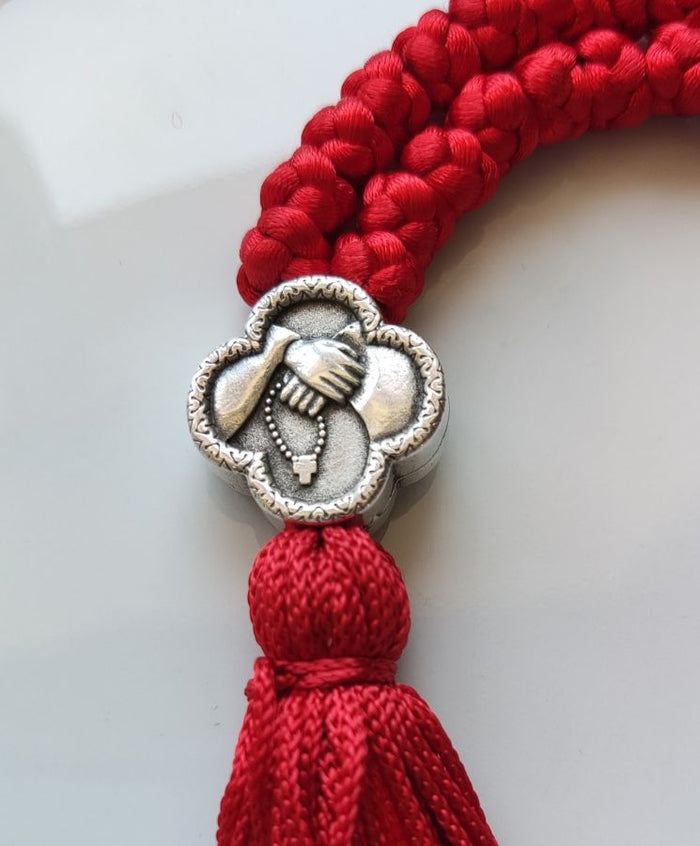 Mount Athos Waxed Prayer Rope with 50 Knots, Double-Sided Metal Cross & Tassel – Red