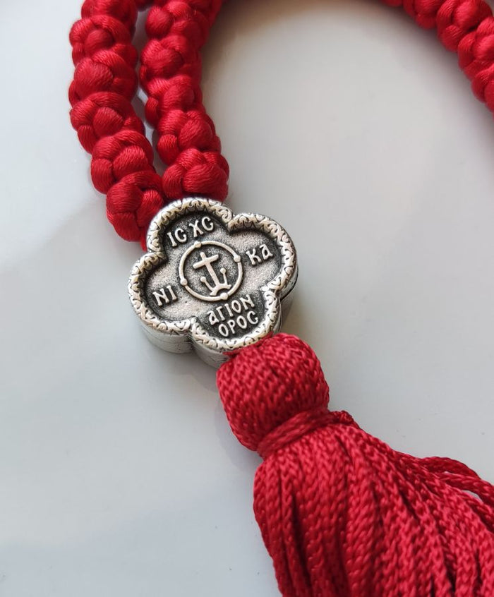 Mount Athos Waxed Prayer Rope with 50 Knots, Double-Sided Metal Cross & Tassel – Red