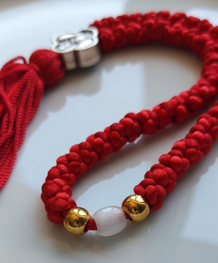 Mount Athos Waxed Prayer Rope with 50 Knots, Double-Sided Metal Cross & Tassel – Red