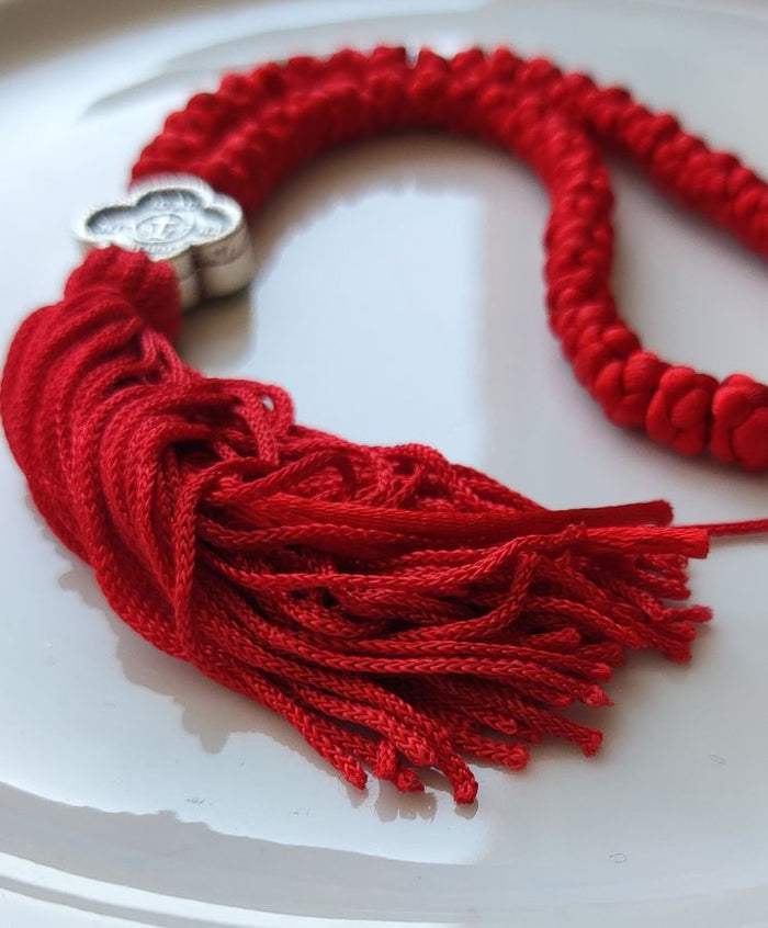 Mount Athos Waxed Prayer Rope with 50 Knots, Double-Sided Metal Cross & Tassel – Red