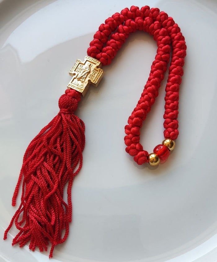 Mount Athos Waxed Prayer Rope with 50 Knots, Metal Cross & Tassel – Red