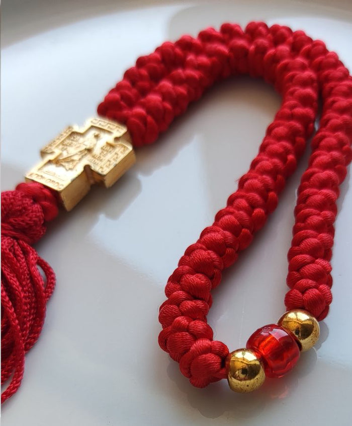 Mount Athos Waxed Prayer Rope with 50 Knots, Metal Cross & Tassel – Red