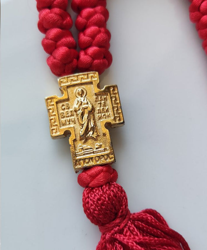 Mount Athos Waxed Prayer Rope with 50 Knots, Metal Cross & Tassel – Red