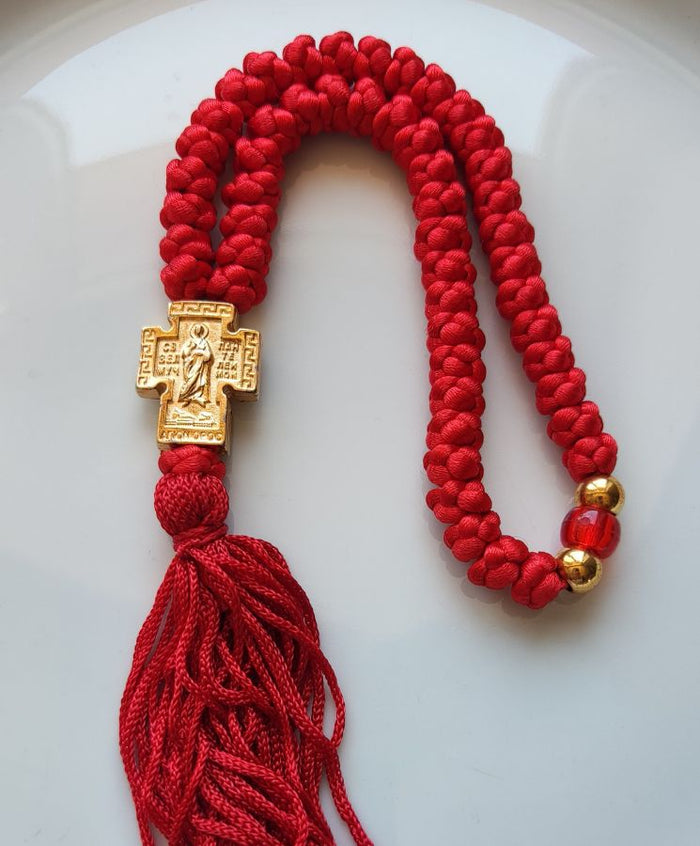 Mount Athos Waxed Prayer Rope with 50 Knots, Metal Cross & Tassel – Red
