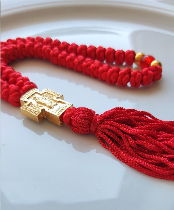 Mount Athos Waxed Prayer Rope with 50 Knots, Metal Cross & Tassel – Red