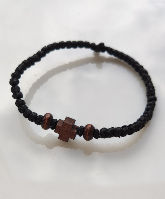 Mount Athos Waxed Prayer Rope with 50 Knots, Wooden Cross & Brown Beads