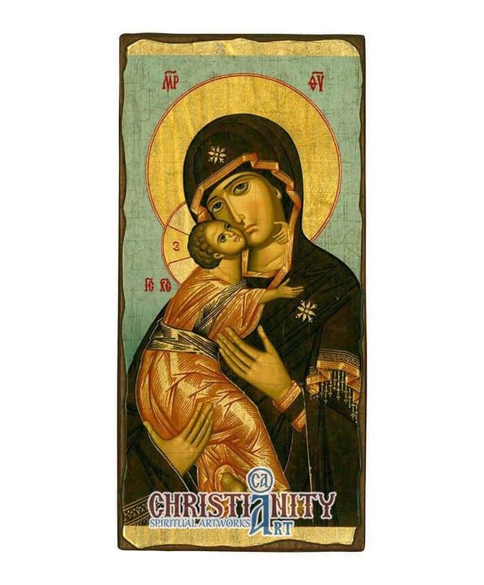 Set of 2 – Jesus Christ Pantocrator & Virgin Mary of Vladimir Aged Orthodox Icons