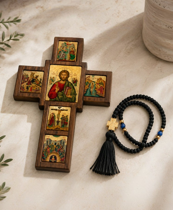 Set of 2 – Wooden Blessing Cross of Jesus Christ & Mount Athos Prayer Rope