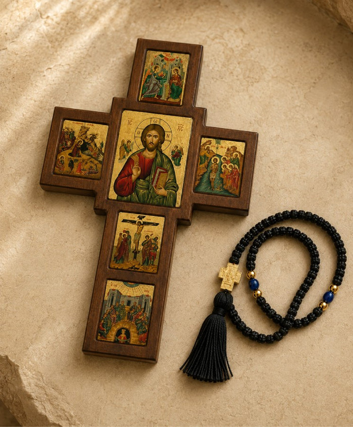 Set of 2 – Wooden Blessing Cross of Jesus Christ & Mount Athos Prayer Rope