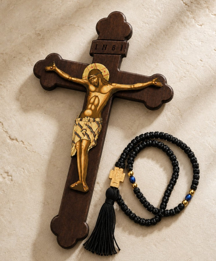 Set of 2 – Wooden Holy Cross & Mount Athos Prayer Rope